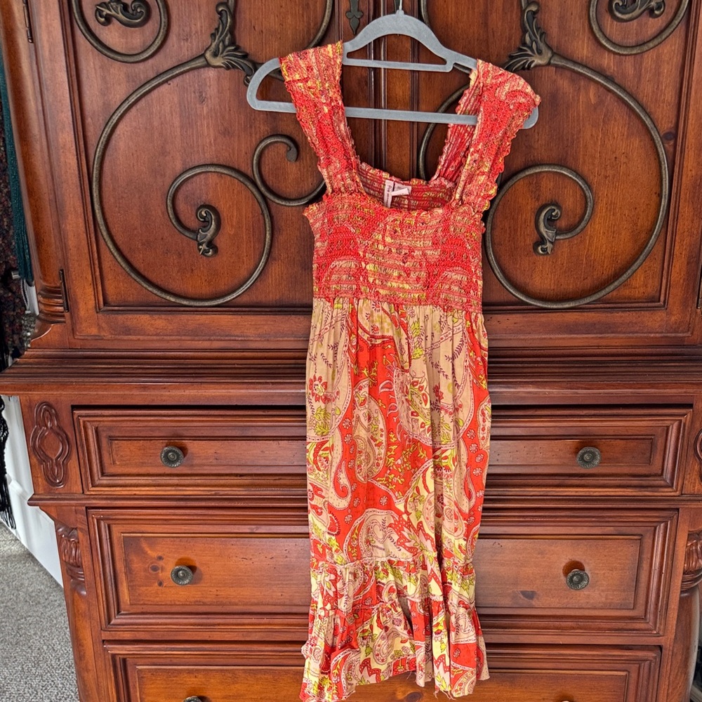 Fire Los Angeles Red and Orange Paisley Midi Dress